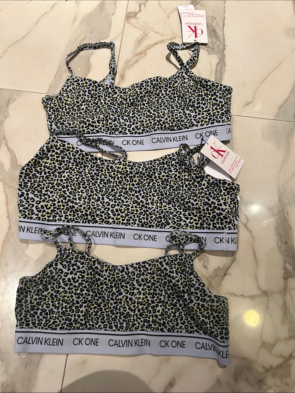 Calvin Klein Leopard Print Bralette Trio - Black, blue  & Yellow